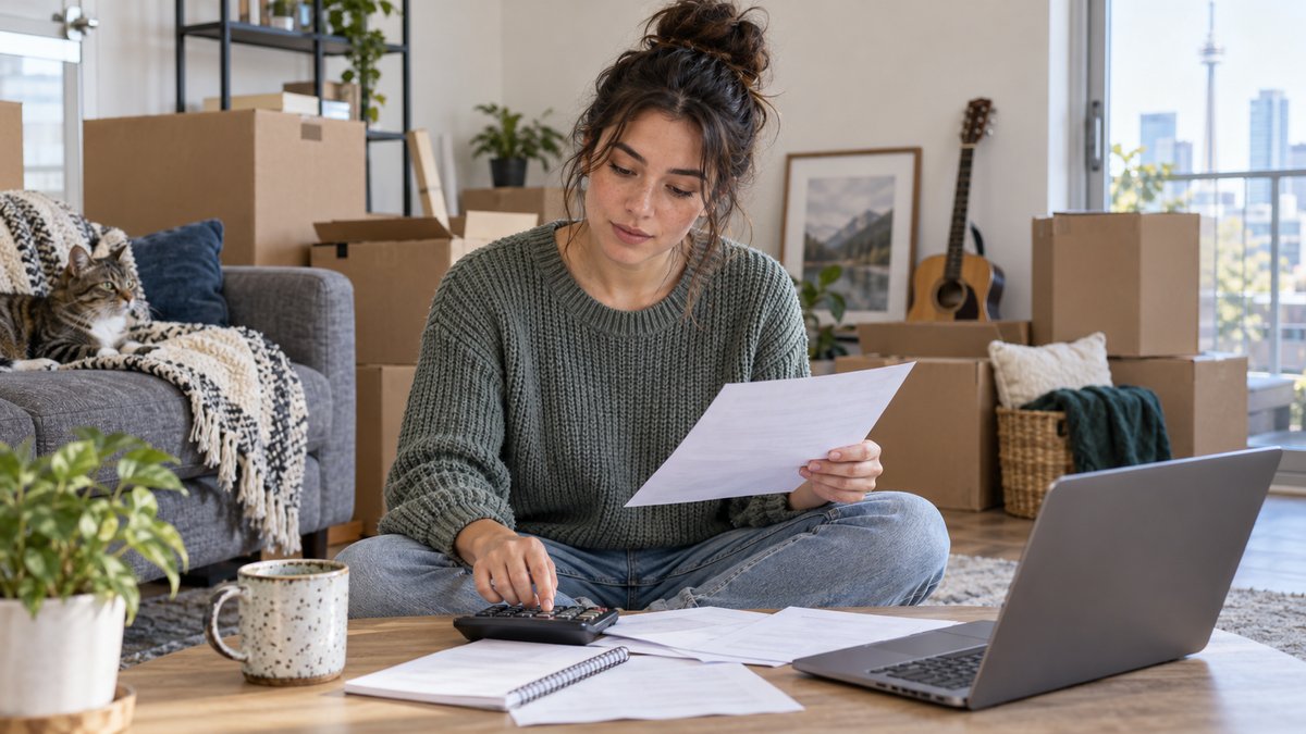 Young renter reviewing a monthly budget beside moving boxes and personal belongings in a modest apartment — AI-generated illustrative image