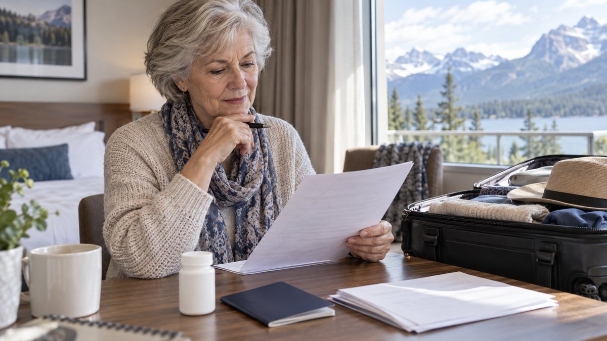 Older traveller reviewing medical travel insurance paperwork beside a passport, plain prescription bottle and packed suitcase — AI-generated illustrative image