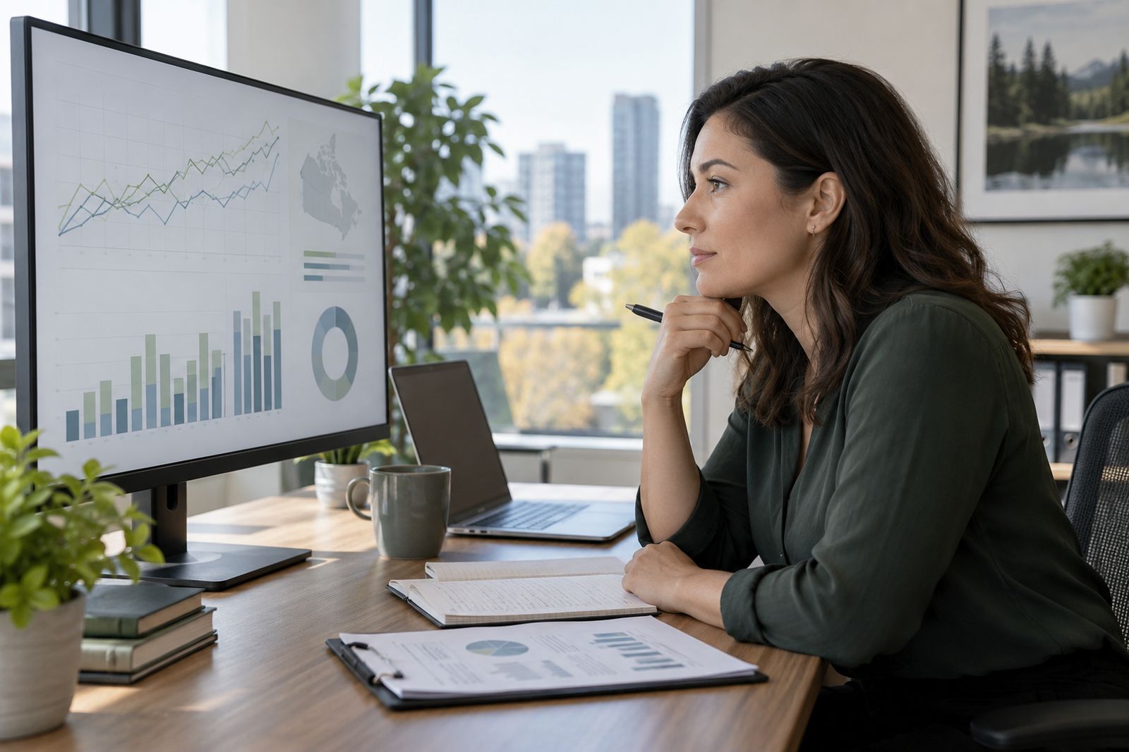 Analyst reviewing insurance price data on a monitor