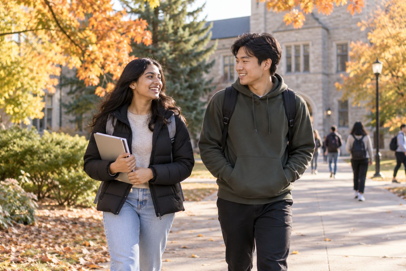 International students walking across campus