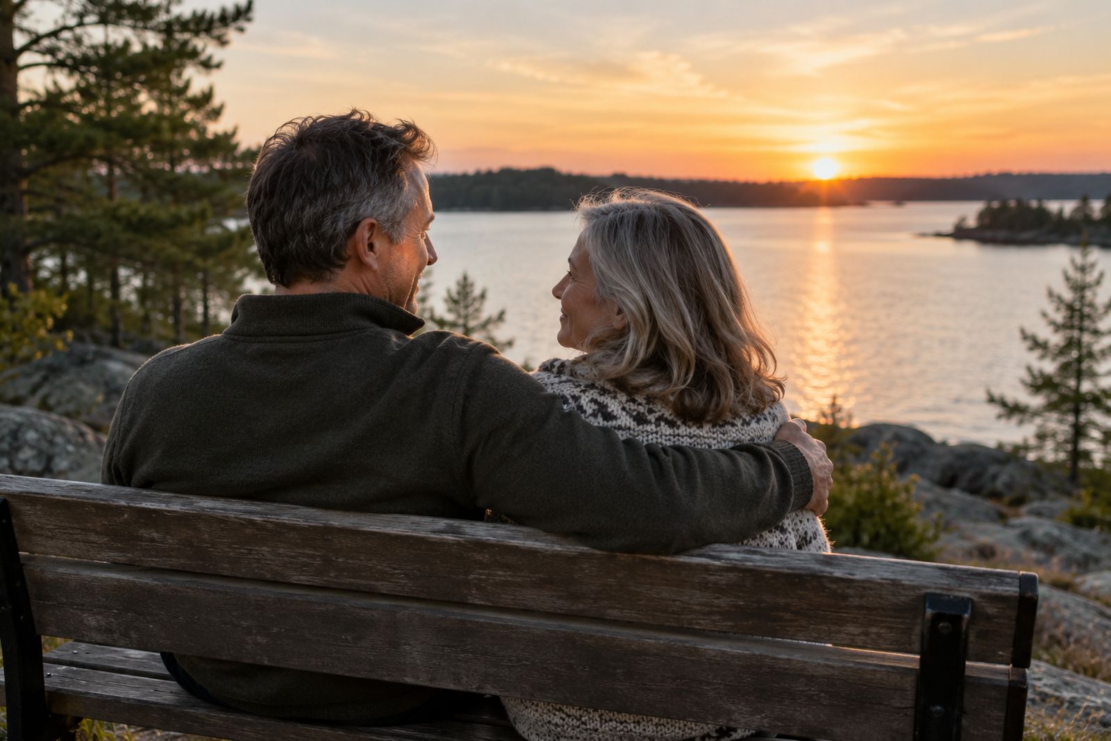 Couple sitting together overlooking a lake at sunset