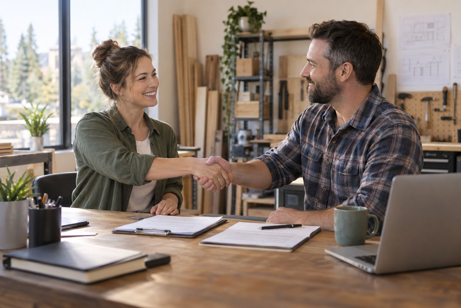 Two business partners shaking hands in their office