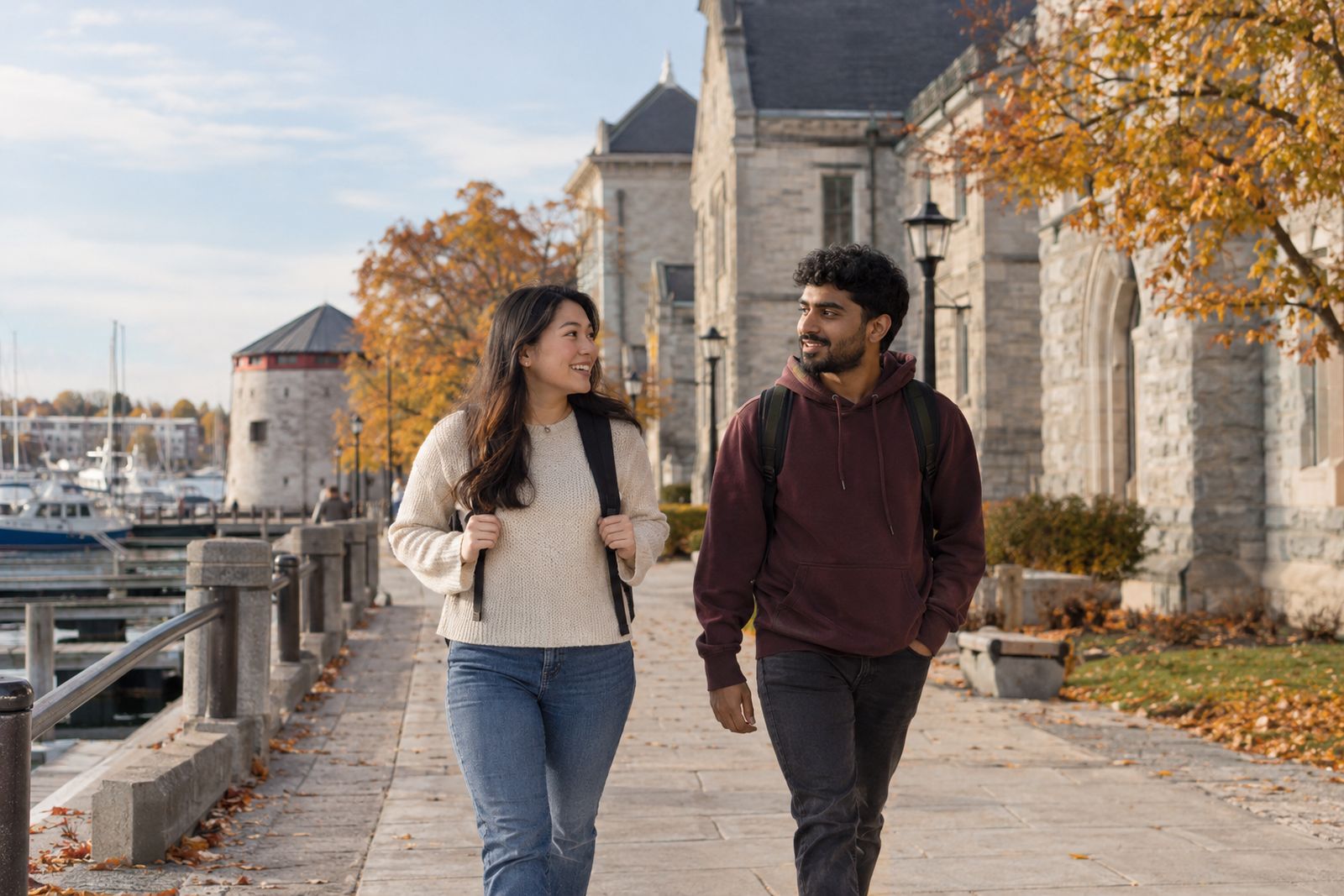 Students walking past limestone buildings in Kingston