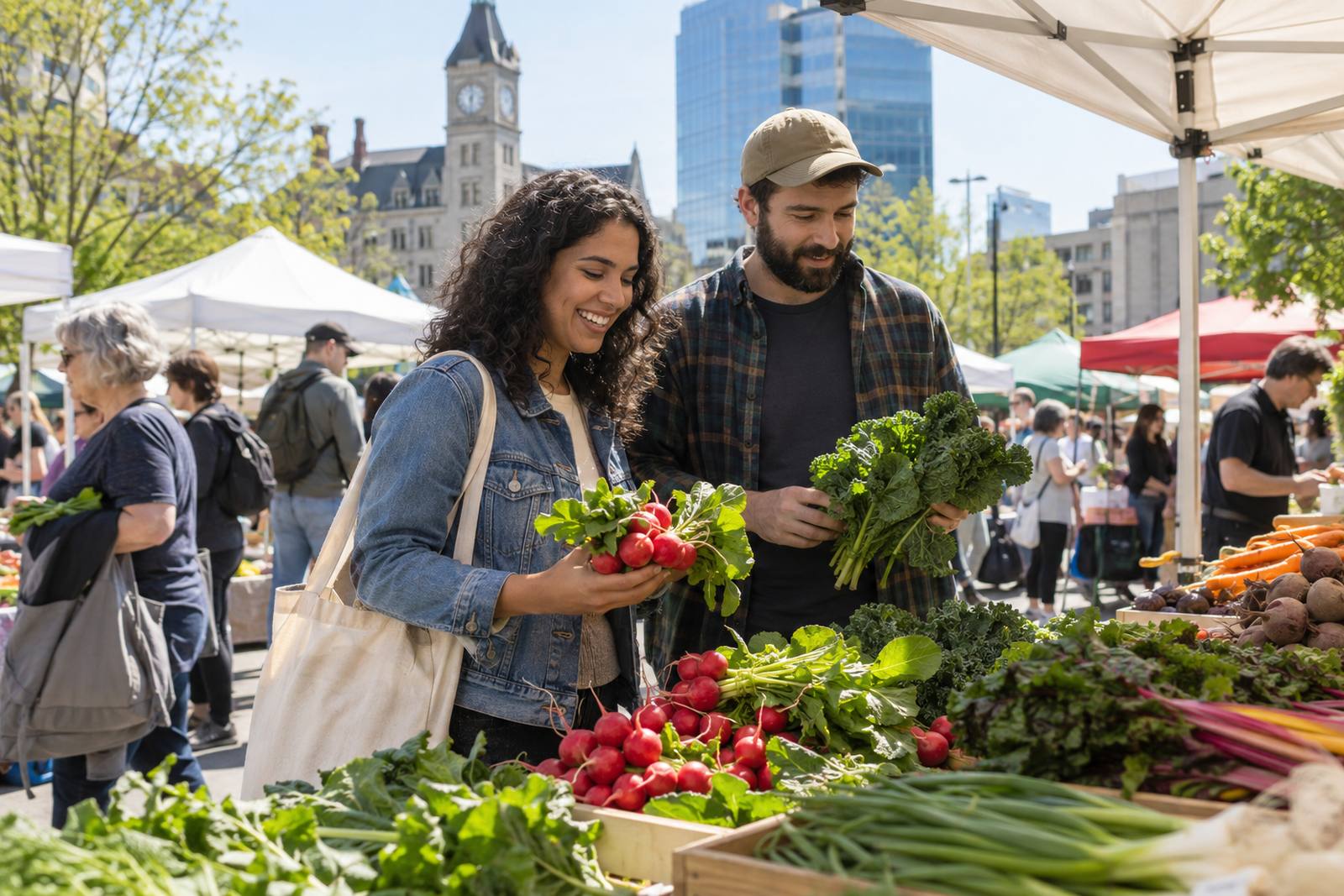 Couple shopping at a farmers' market in Kitchener