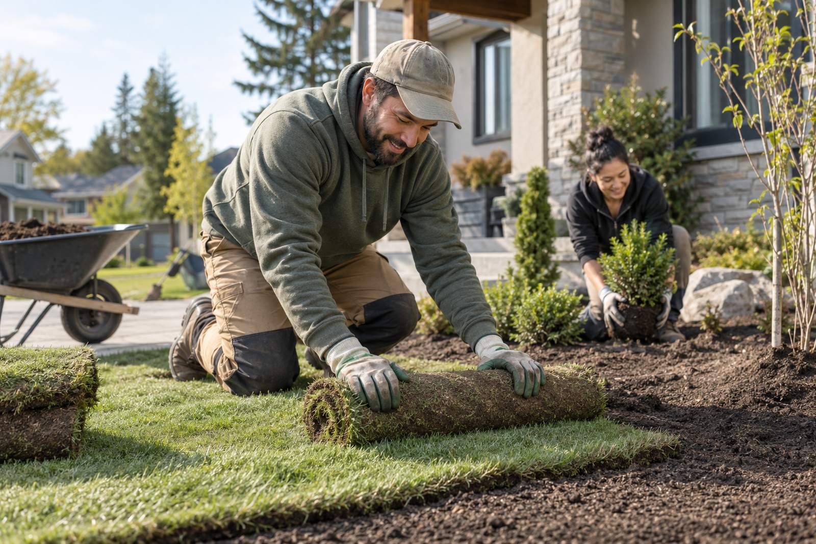 Landscaping crew planting a front yard