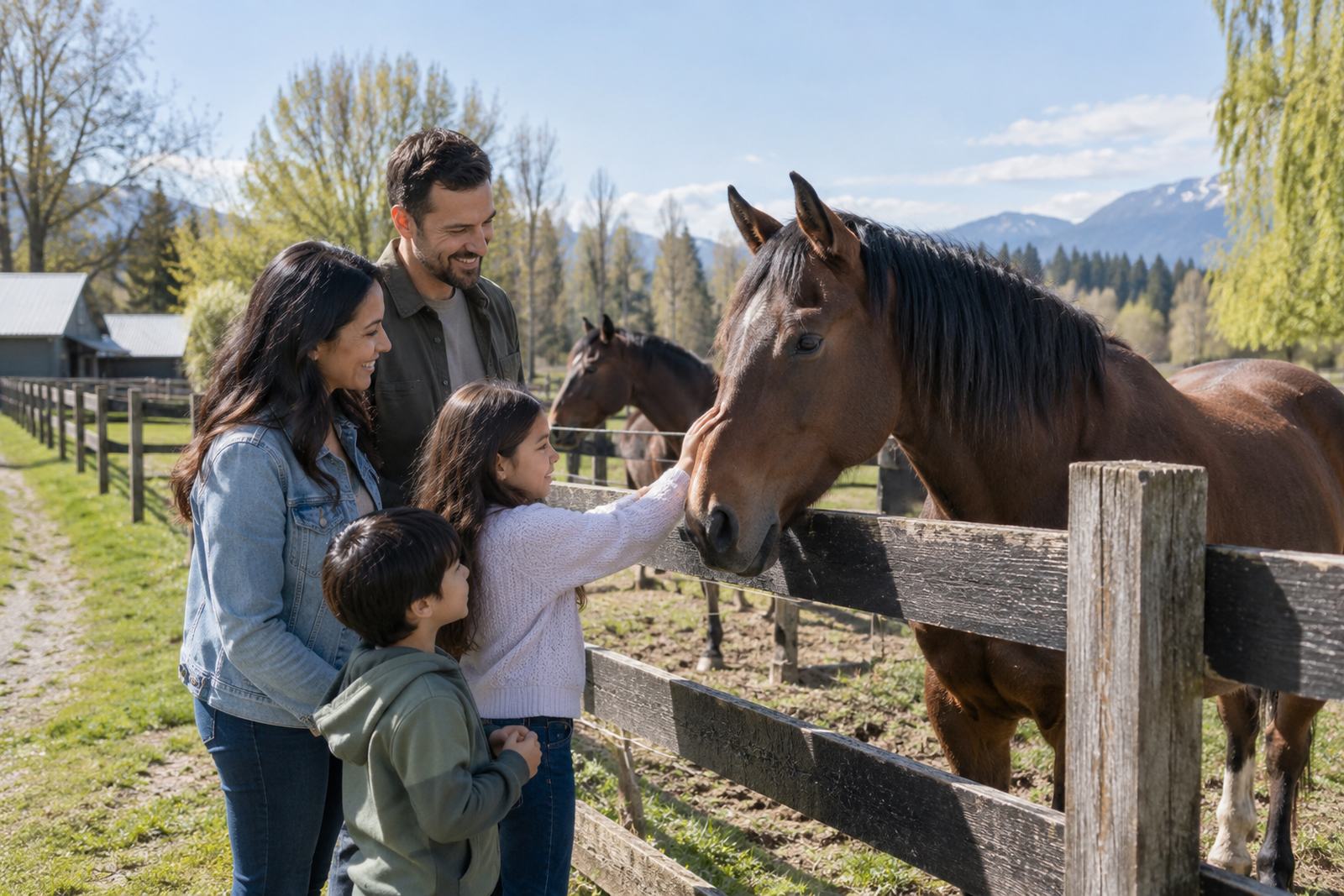 Family visiting a horse farm in Langley