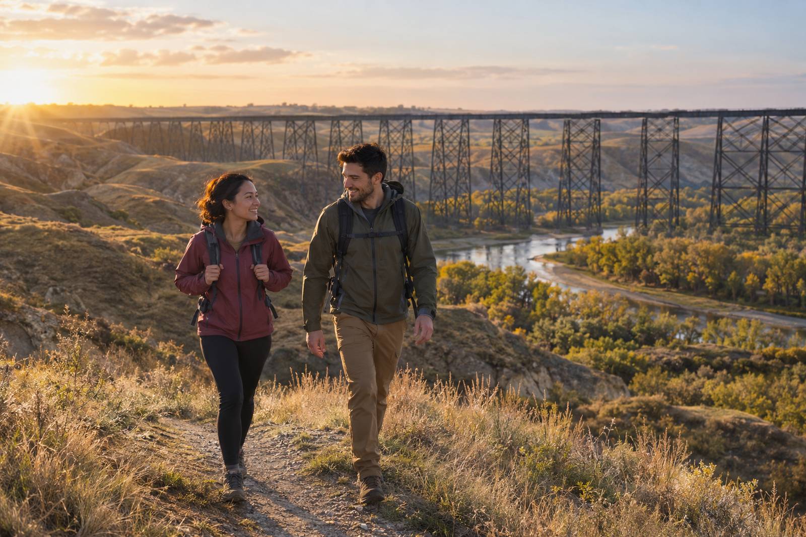 Couple hiking the coulees in Lethbridge