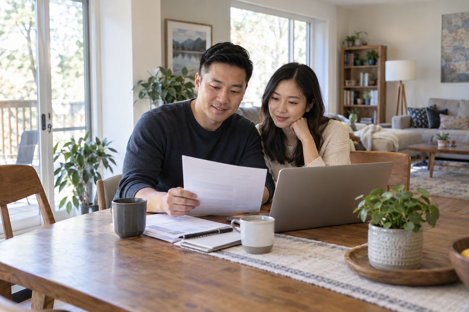 Couple reviewing their life insurance policy at home