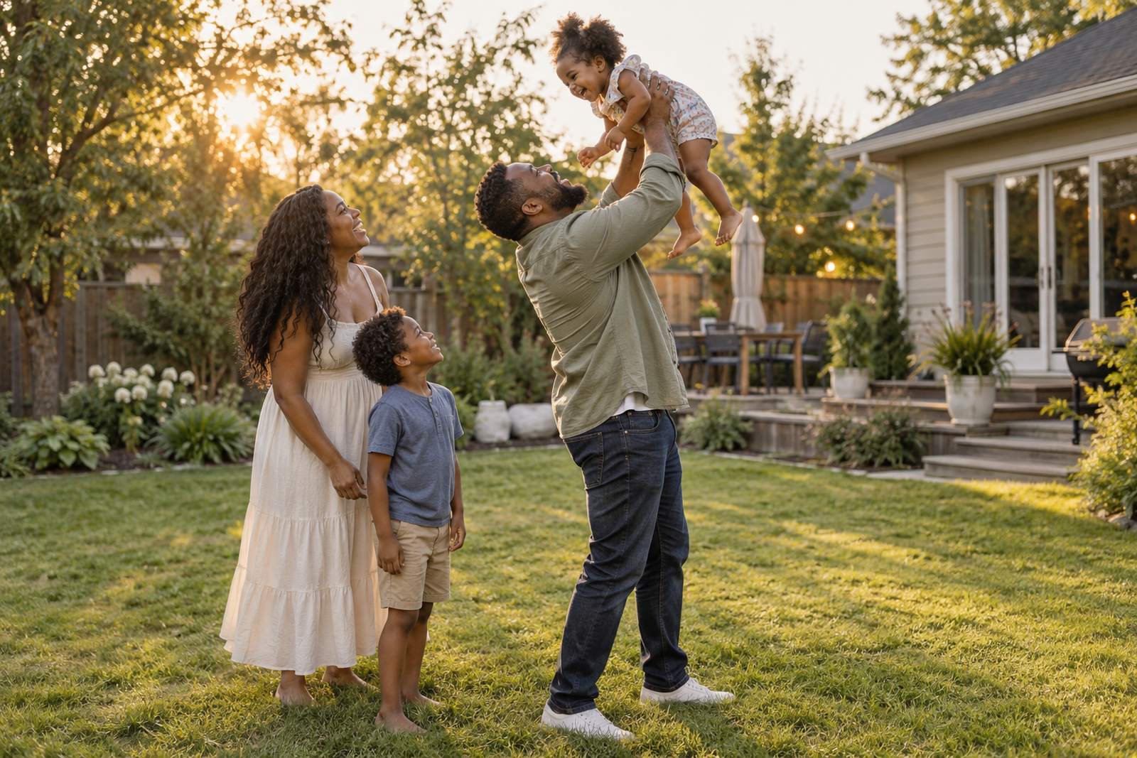 Parents playing with their children in the backyard