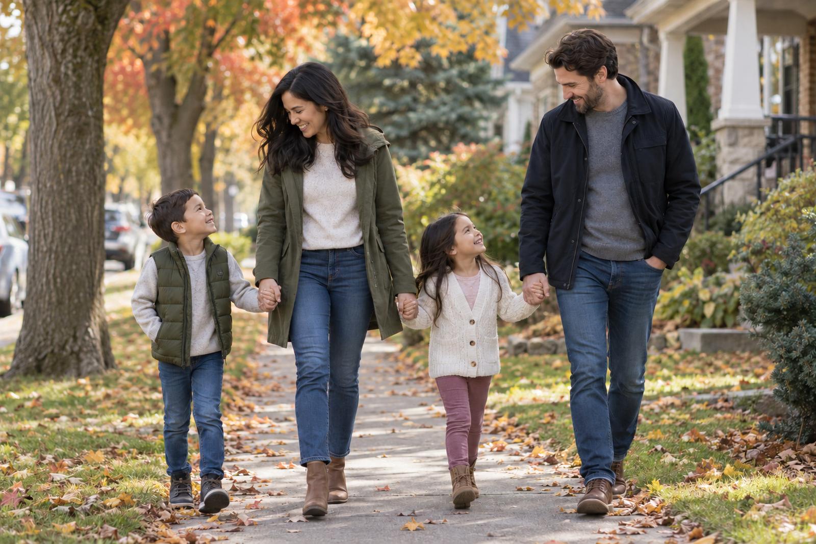 Young family walking hand in hand in their neighbourhood