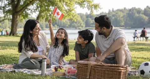 Newcomer family celebrating in a park with a Canadian flag