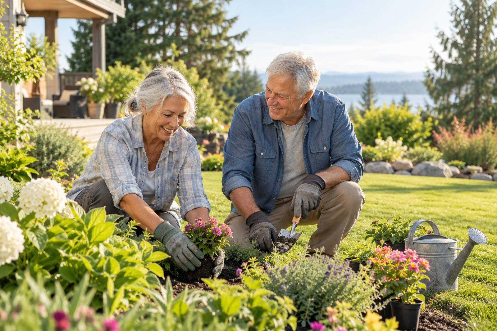 Retired couple gardening together