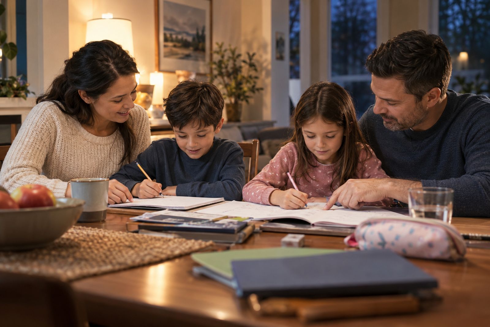 Parents helping their children with homework at the dining table