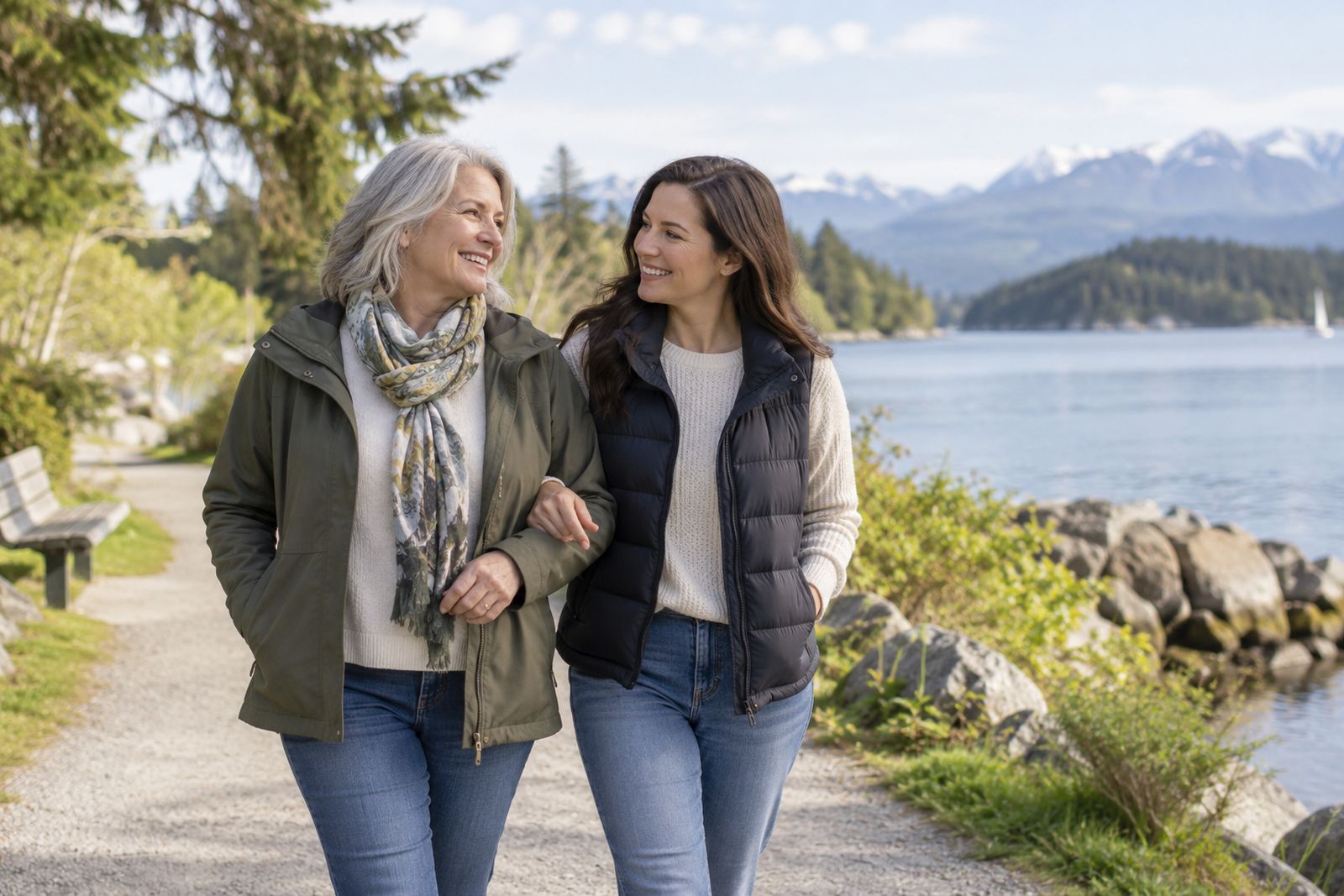 Mother and daughter walking arm in arm along a lakeside path