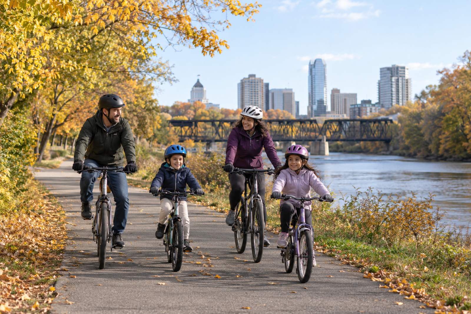 Family cycling along the Thames River in London, Ontario