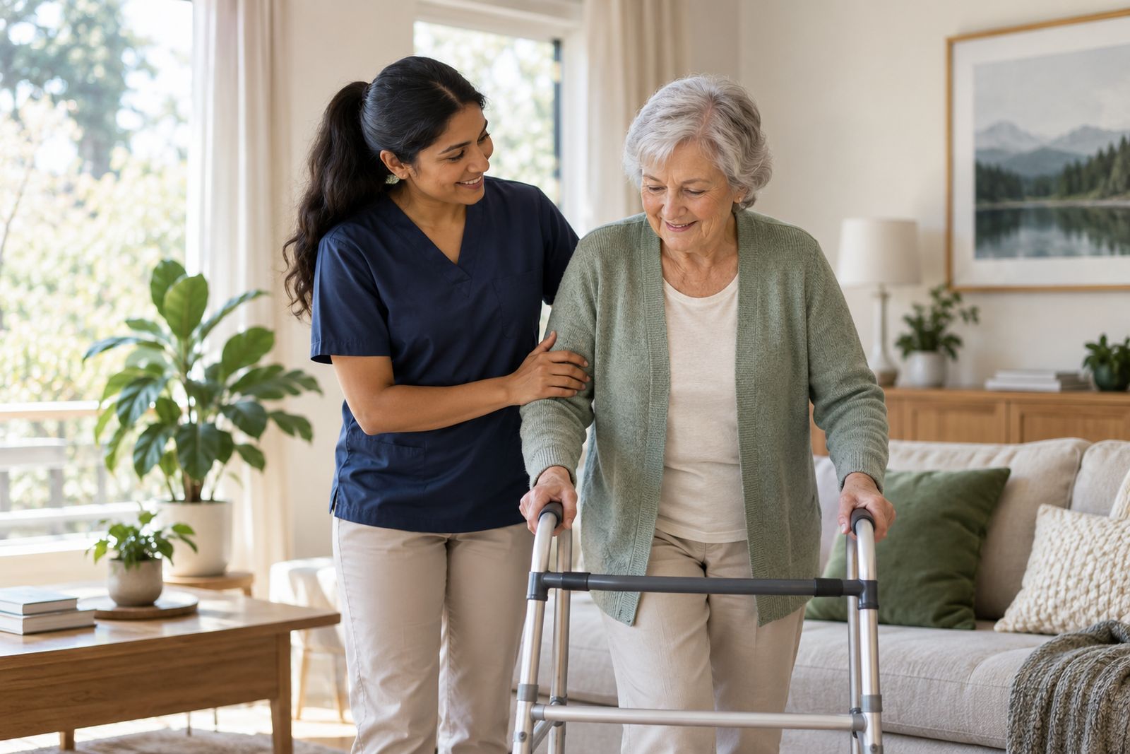 Caregiver helping an elderly woman at home