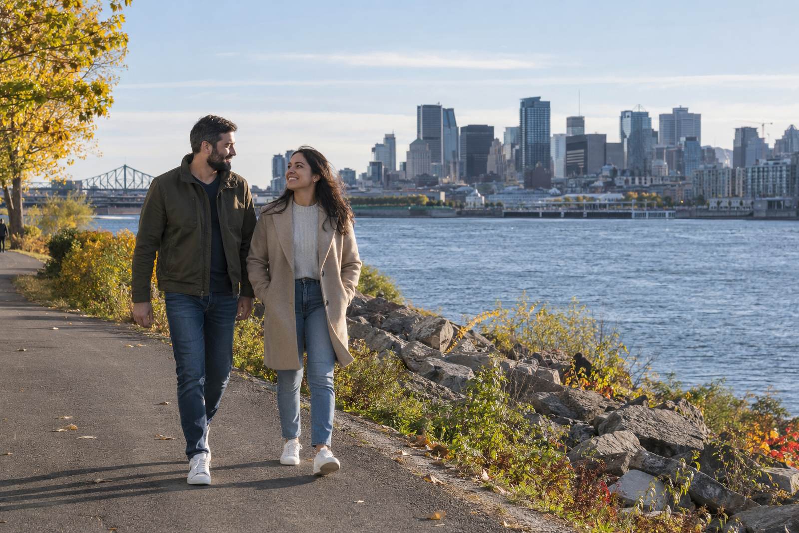 Couple on the Longueuil riverside with Montreal across the river