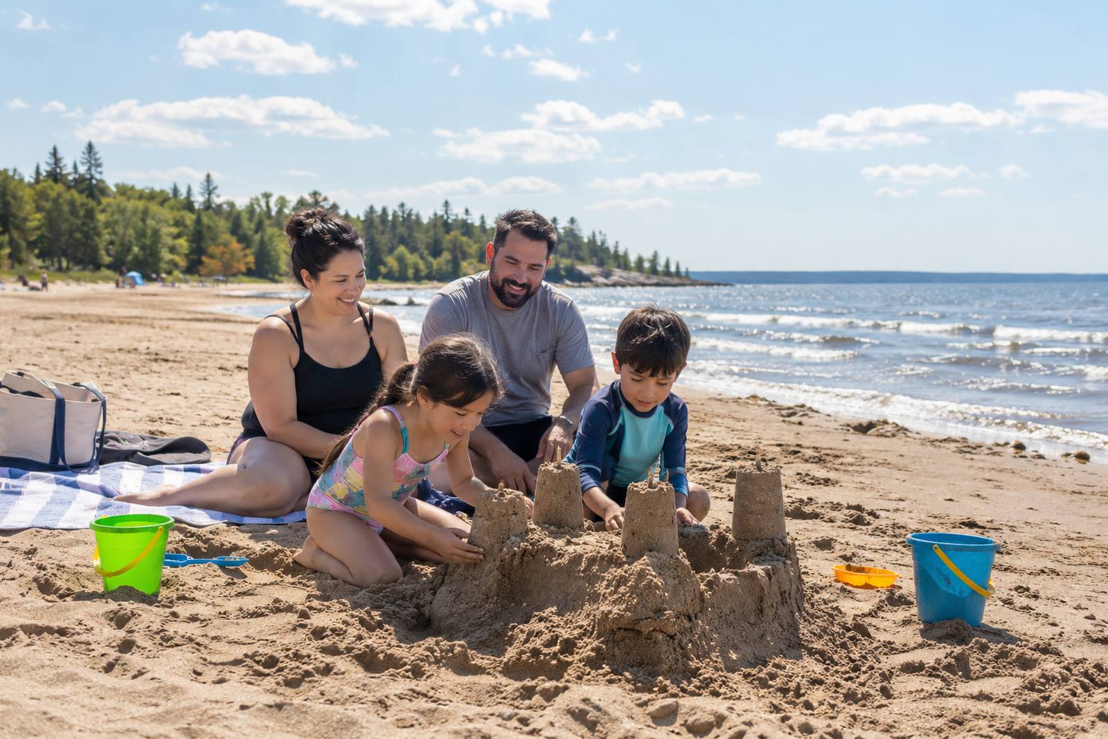 Family on a sand beach at a Manitoba lake
