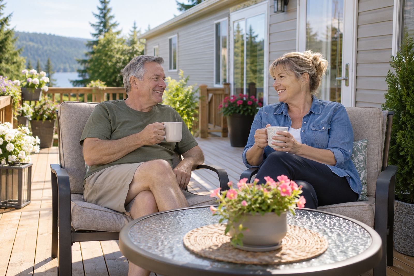 Couple on the deck of their manufactured home
