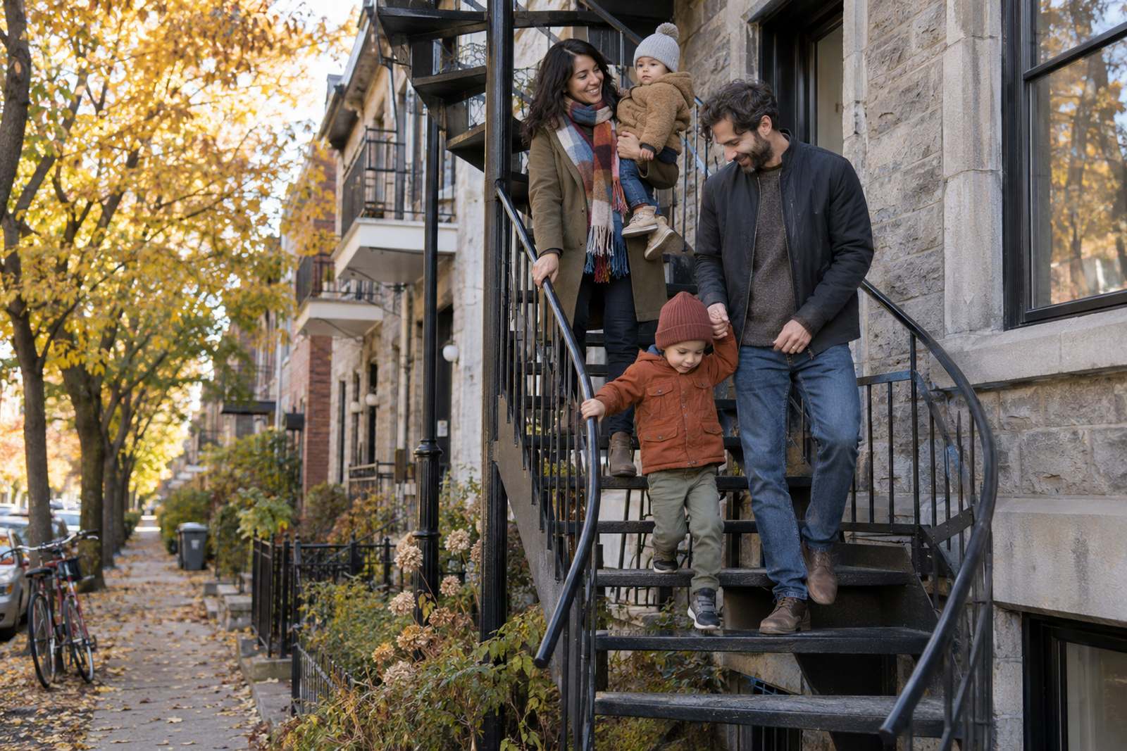Family on the outdoor staircase of a Montreal triplex