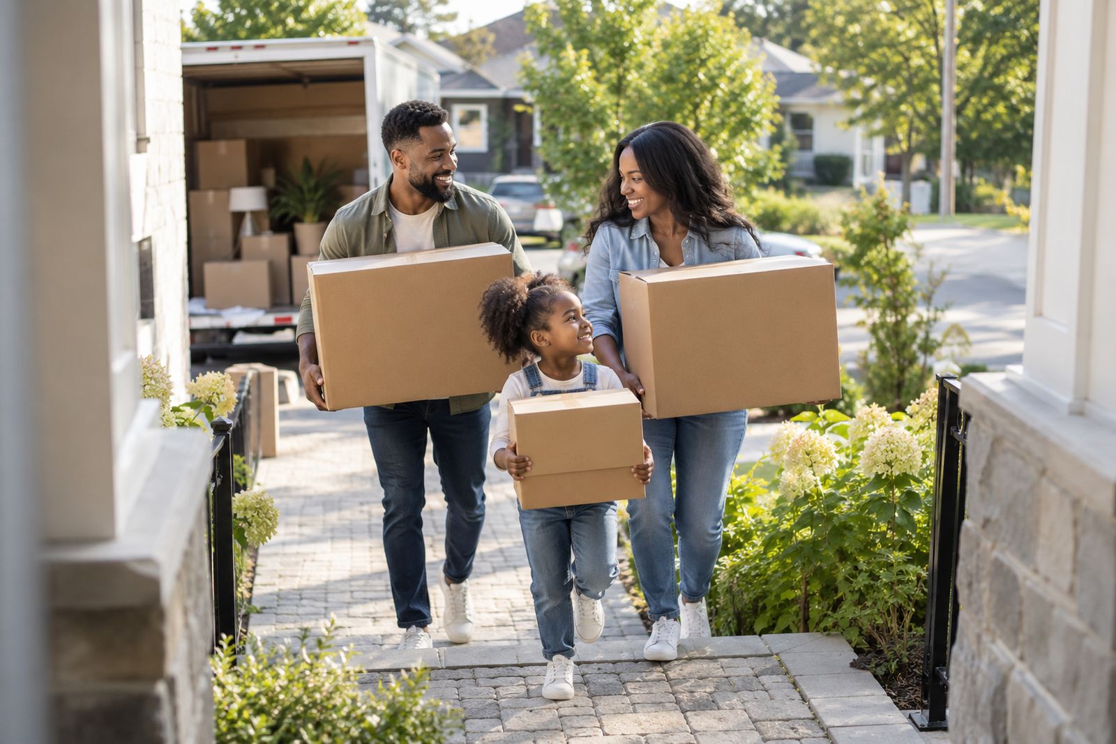 Family carrying moving boxes into their new home