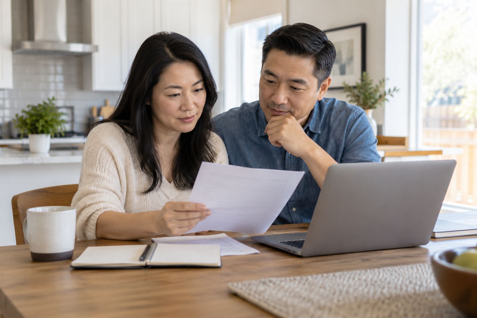 Couple reviewing their mortgage renewal at the kitchen table