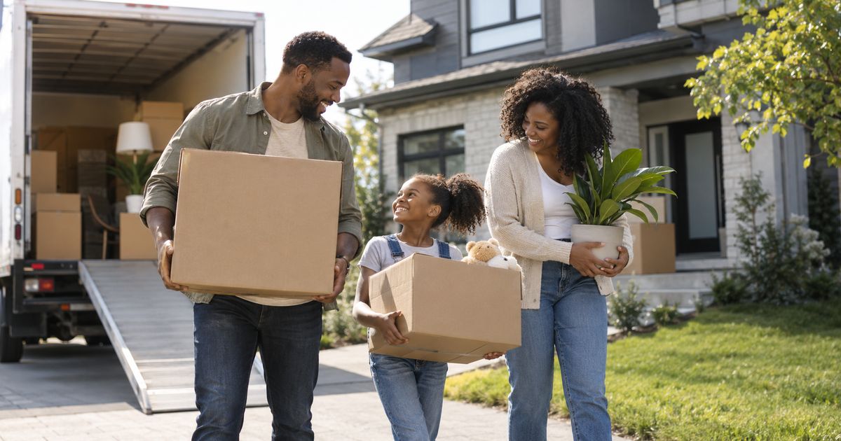 Family in front of their new home on moving day