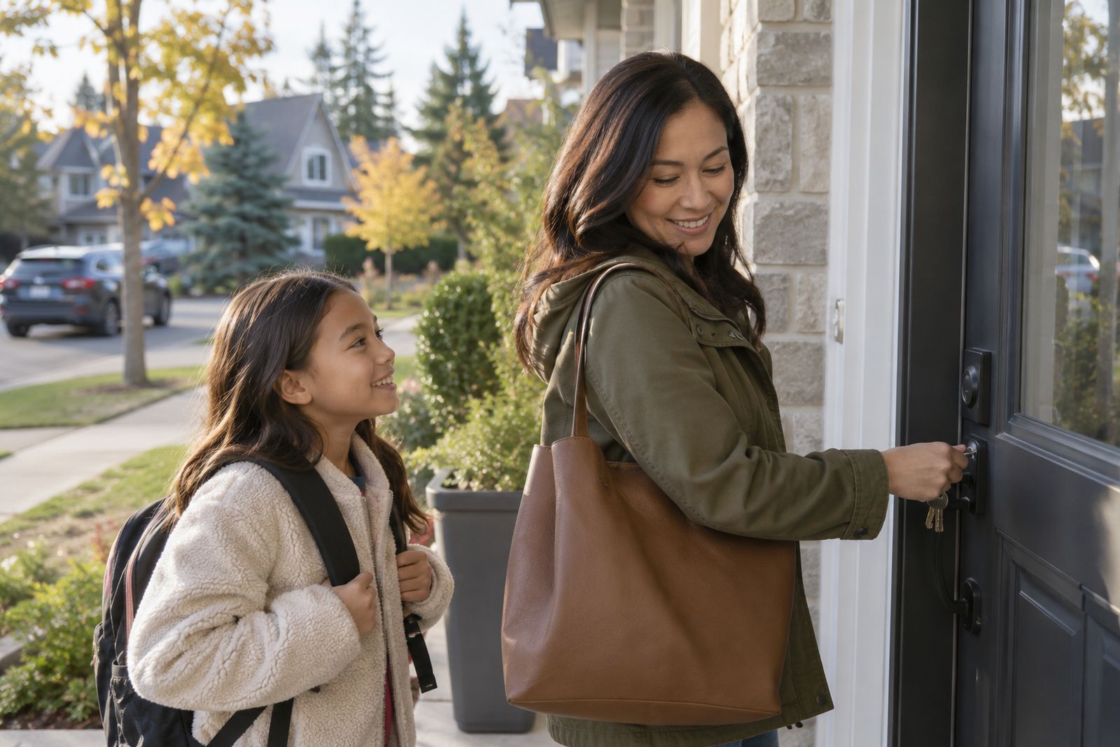 Parent unlocking the front door of the family home