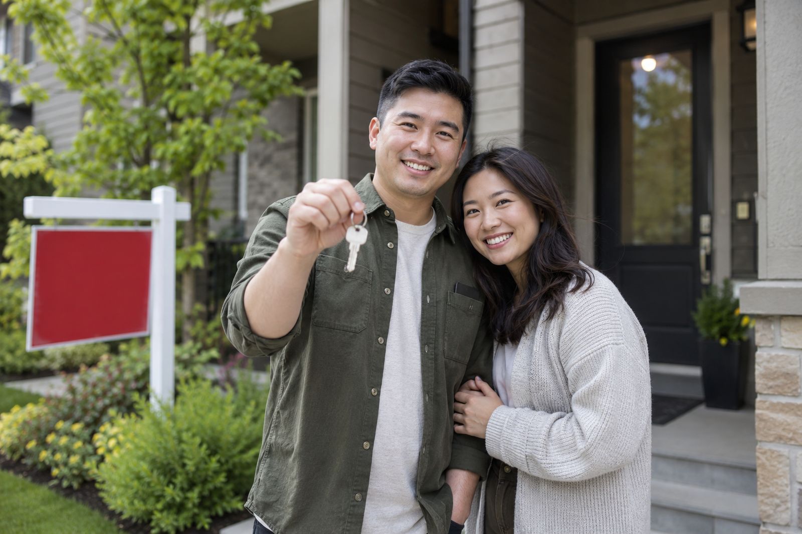 First-time homeowners holding the keys to their new townhouse