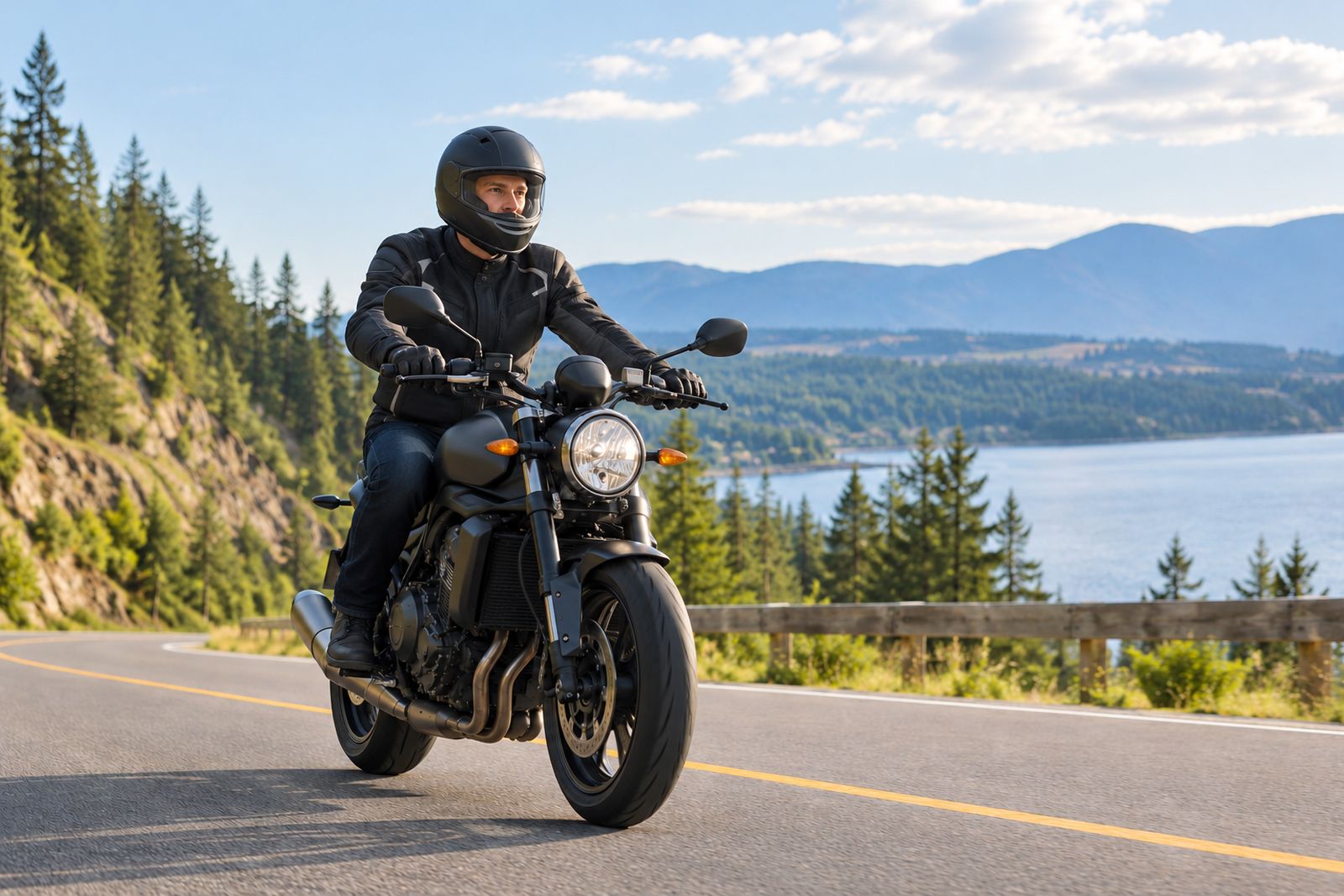 Motorcyclist riding a scenic country road