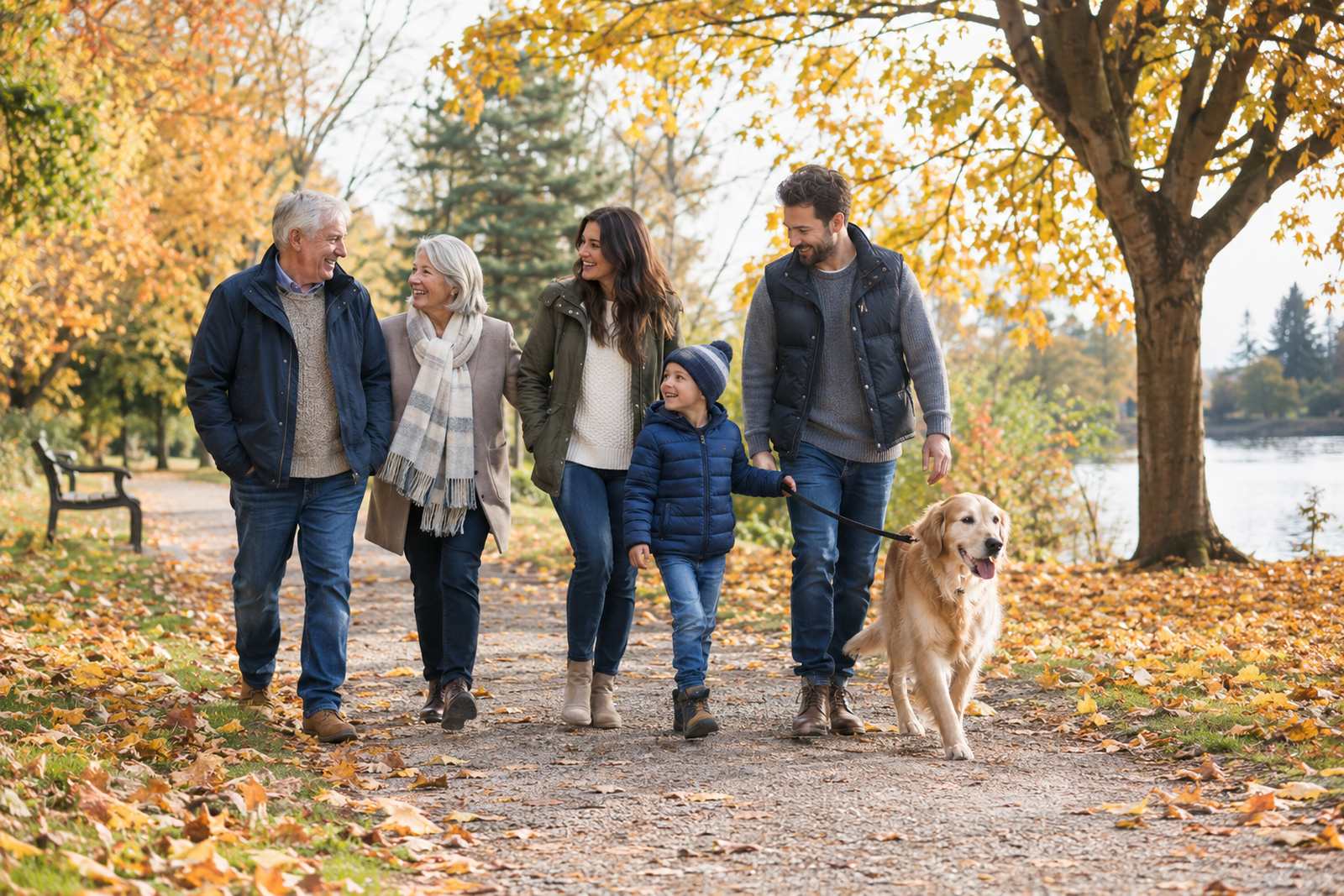 Grandparents, parents and a child walking their dog in a park