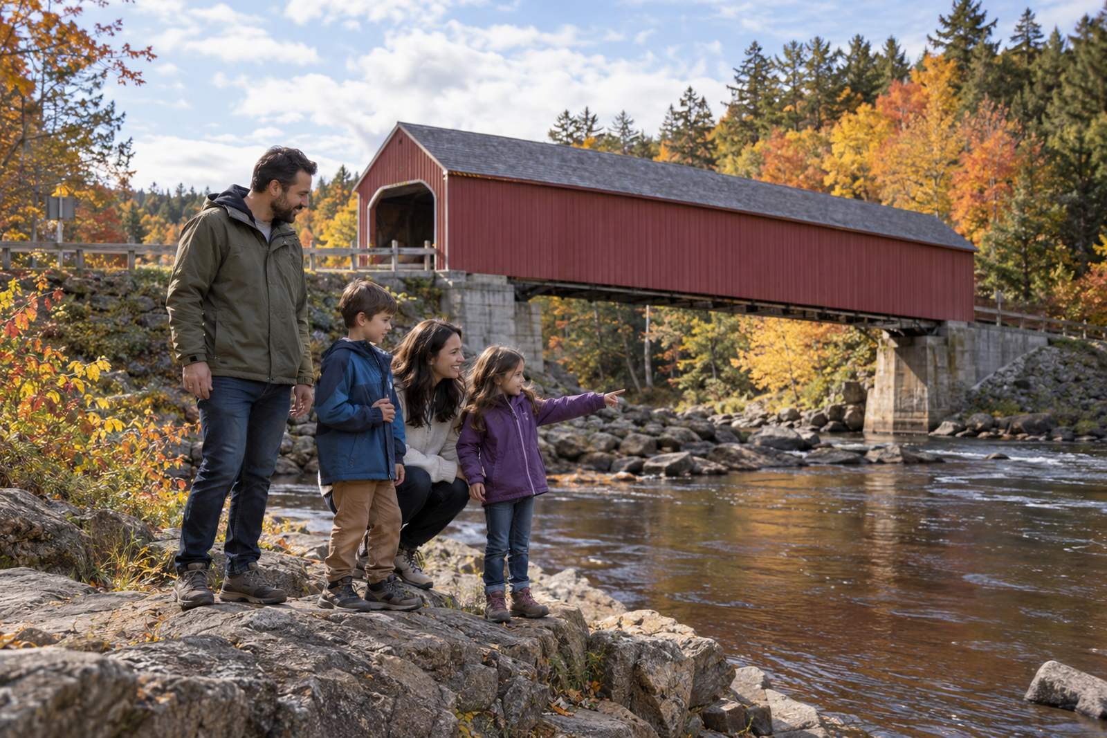 Family at a covered bridge in New Brunswick in the fall