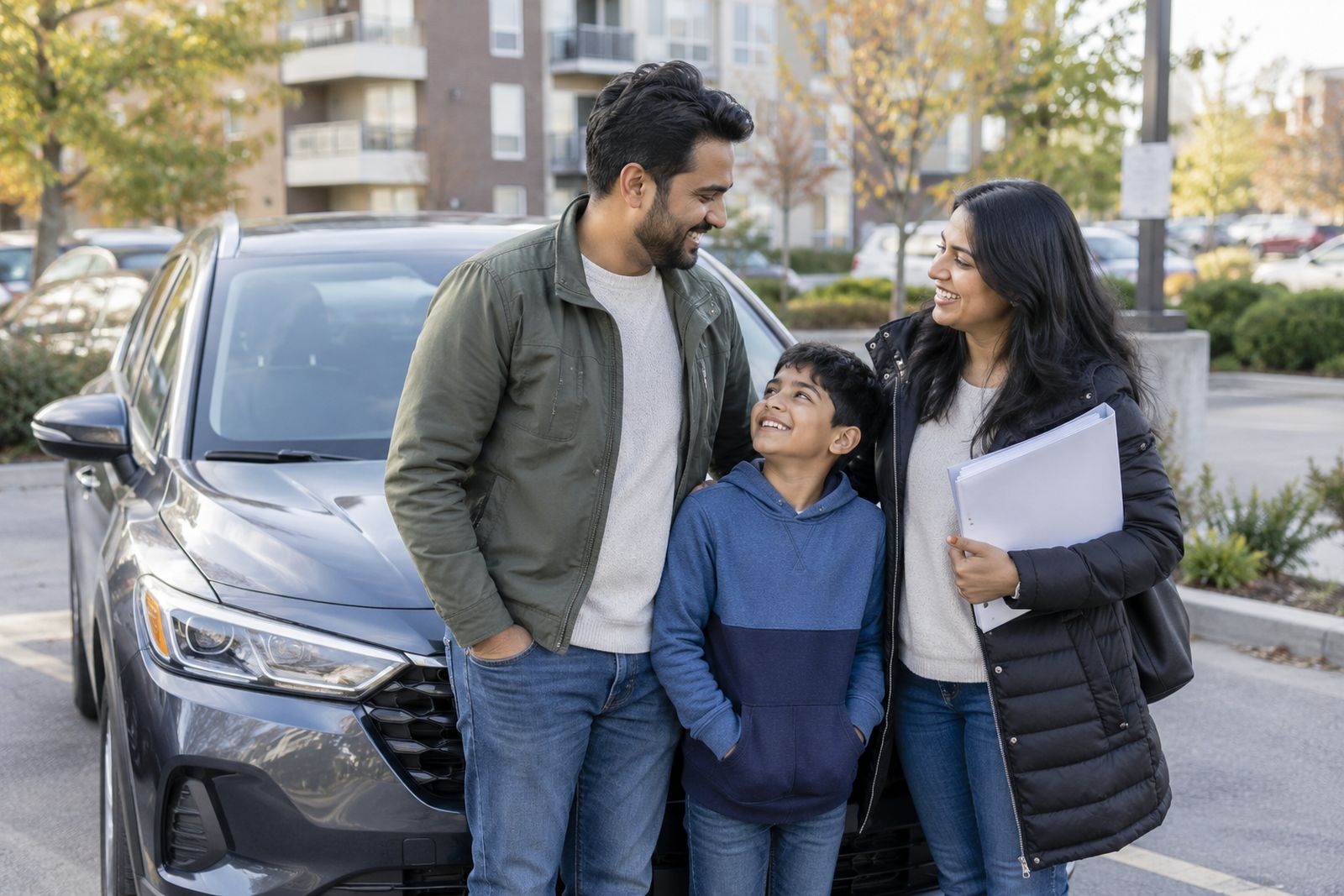 Newcomer family beside their first car in Canada