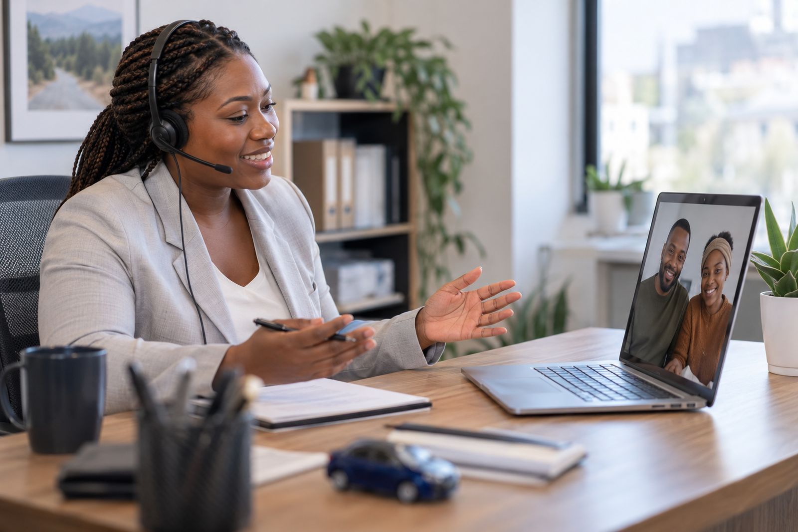 Specialist helping a newcomer driver on a video call