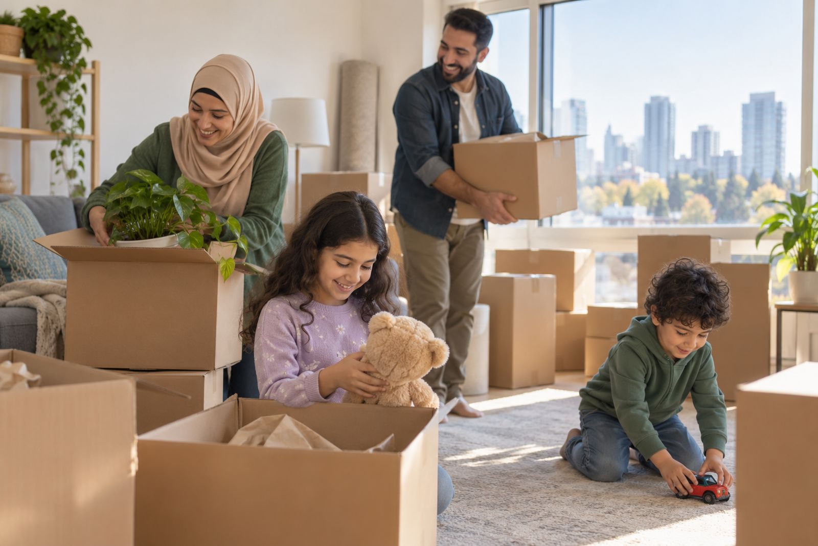Newcomer family unpacking in their first home in Canada