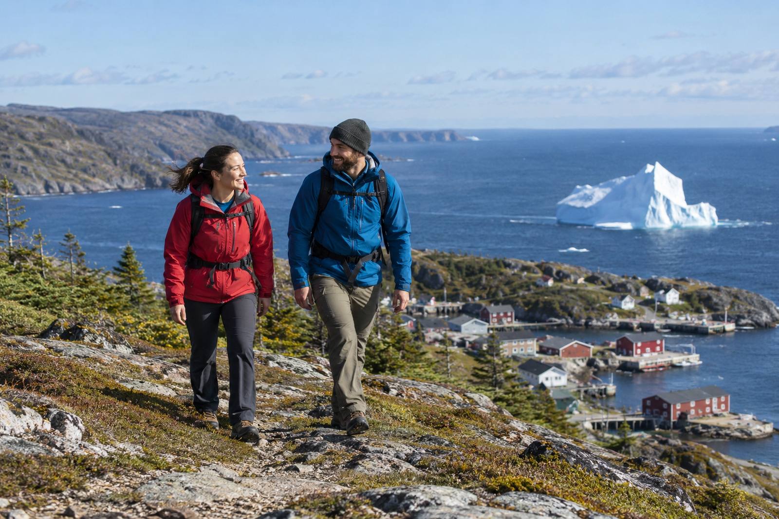 Couple on a coastal trail with an iceberg offshore in Newfoundland