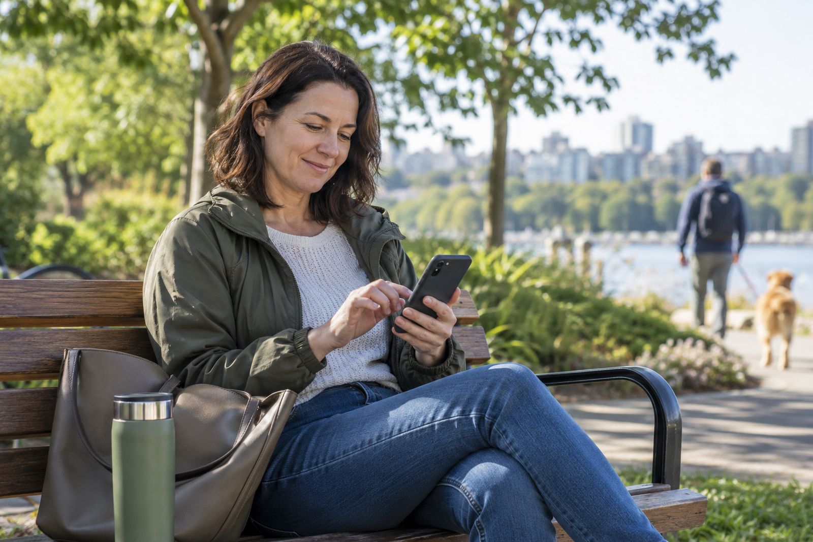 Woman answering health questions on her phone in a park