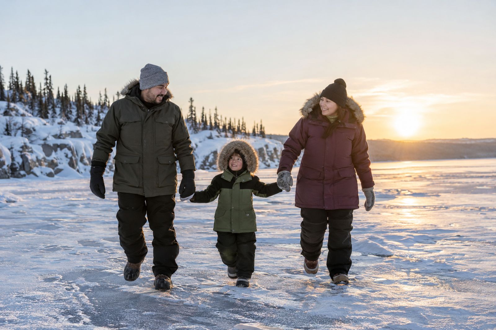 Family walking on a frozen lake in the Northwest Territories