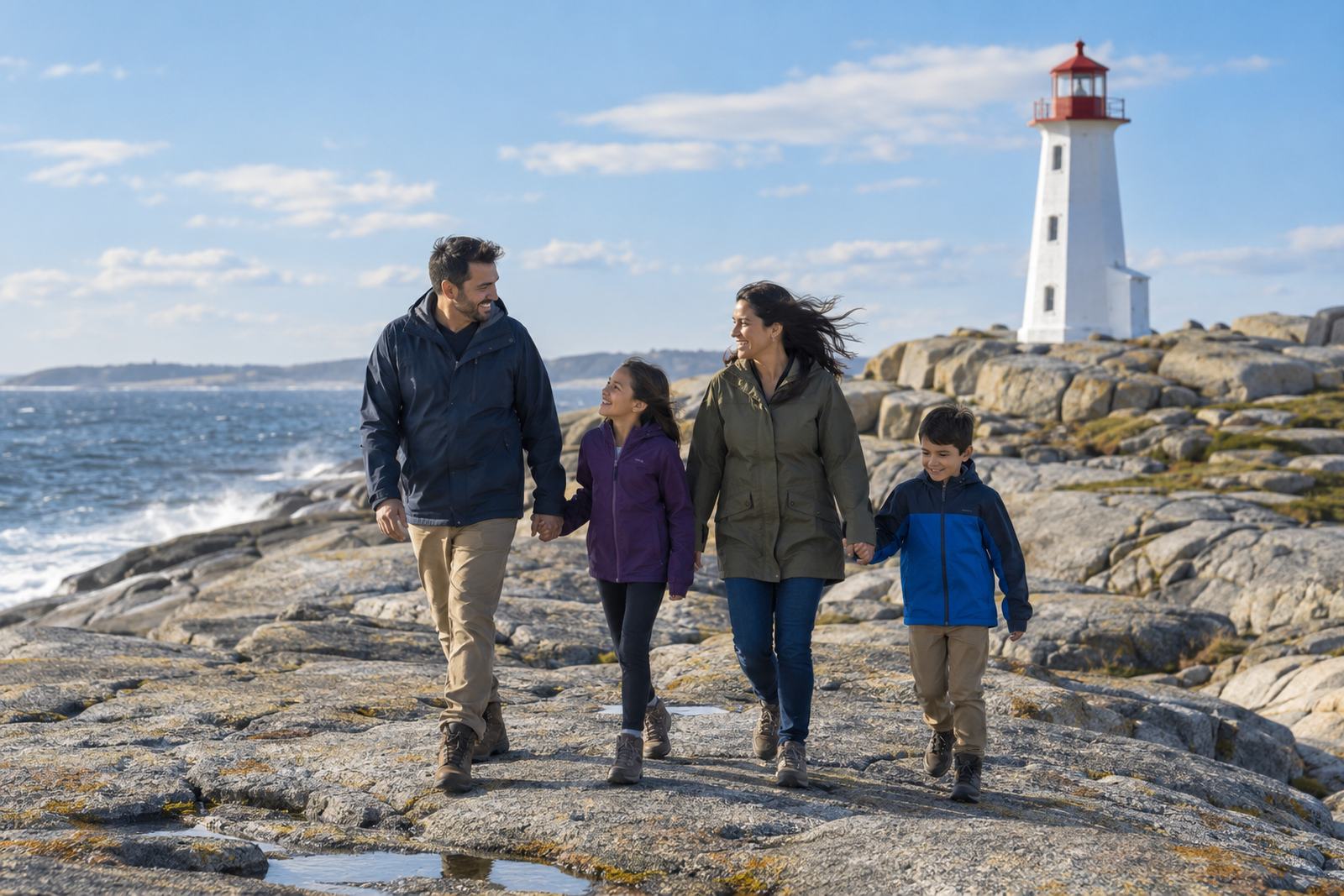 Family walking by a lighthouse on the Nova Scotia coast