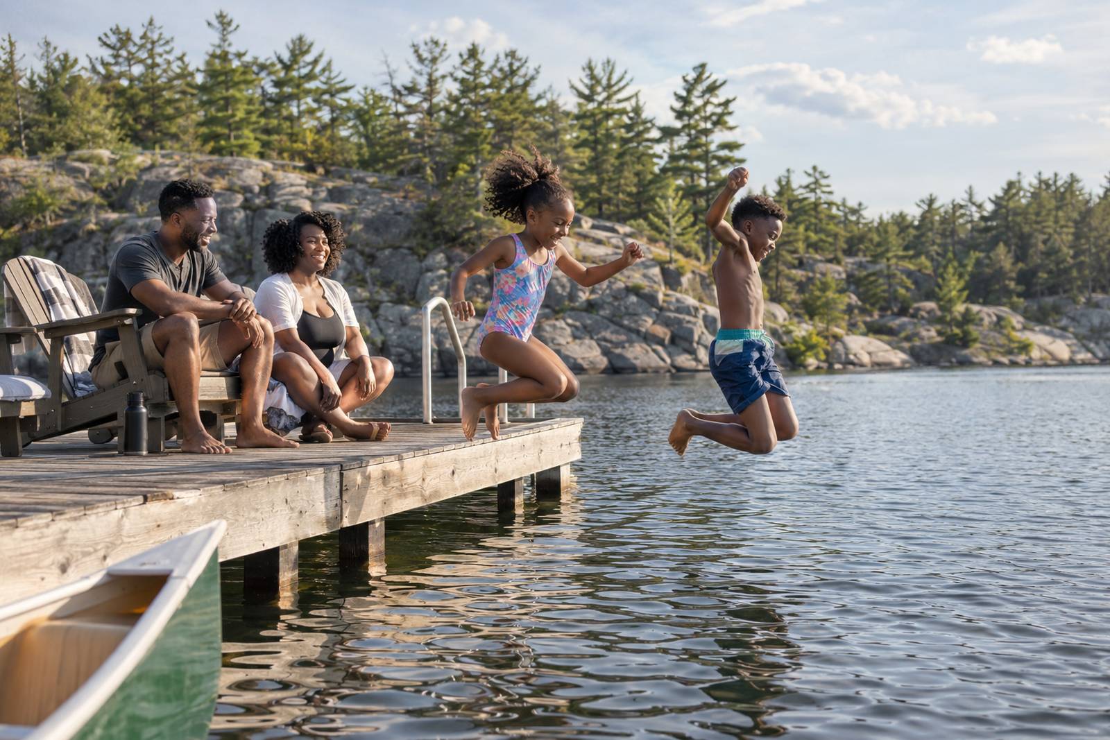 Family on a dock at a cottage lake in Ontario