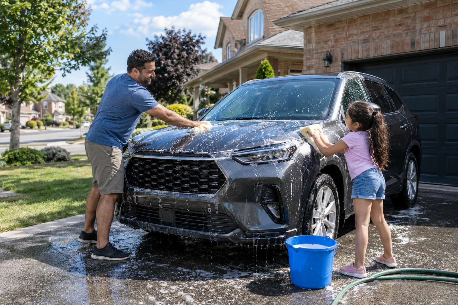 Father and daughter washing the family car in Oshawa