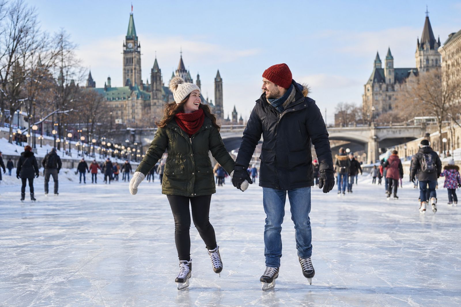 Couple skating on the Rideau Canal in Ottawa