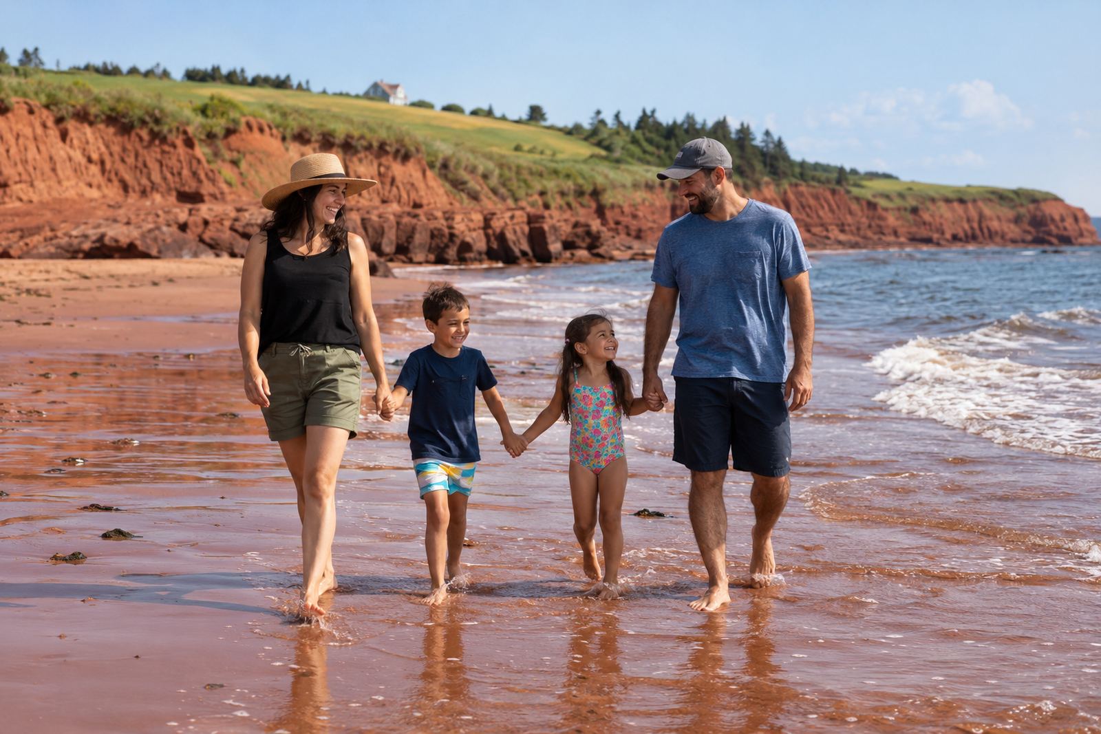 Family on a red sand beach in Prince Edward Island
