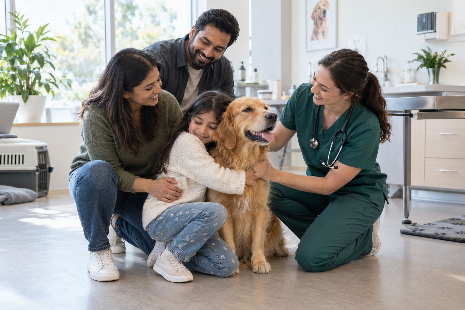 Child hugging the family dog at the vet