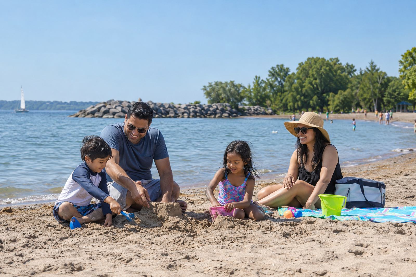 Family on the beach at Frenchman's Bay in Pickering