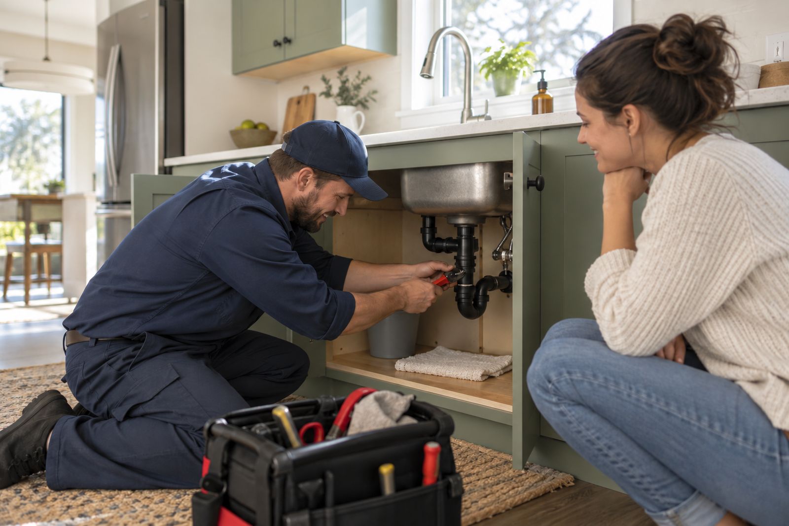 Plumber repairing pipes under a kitchen sink