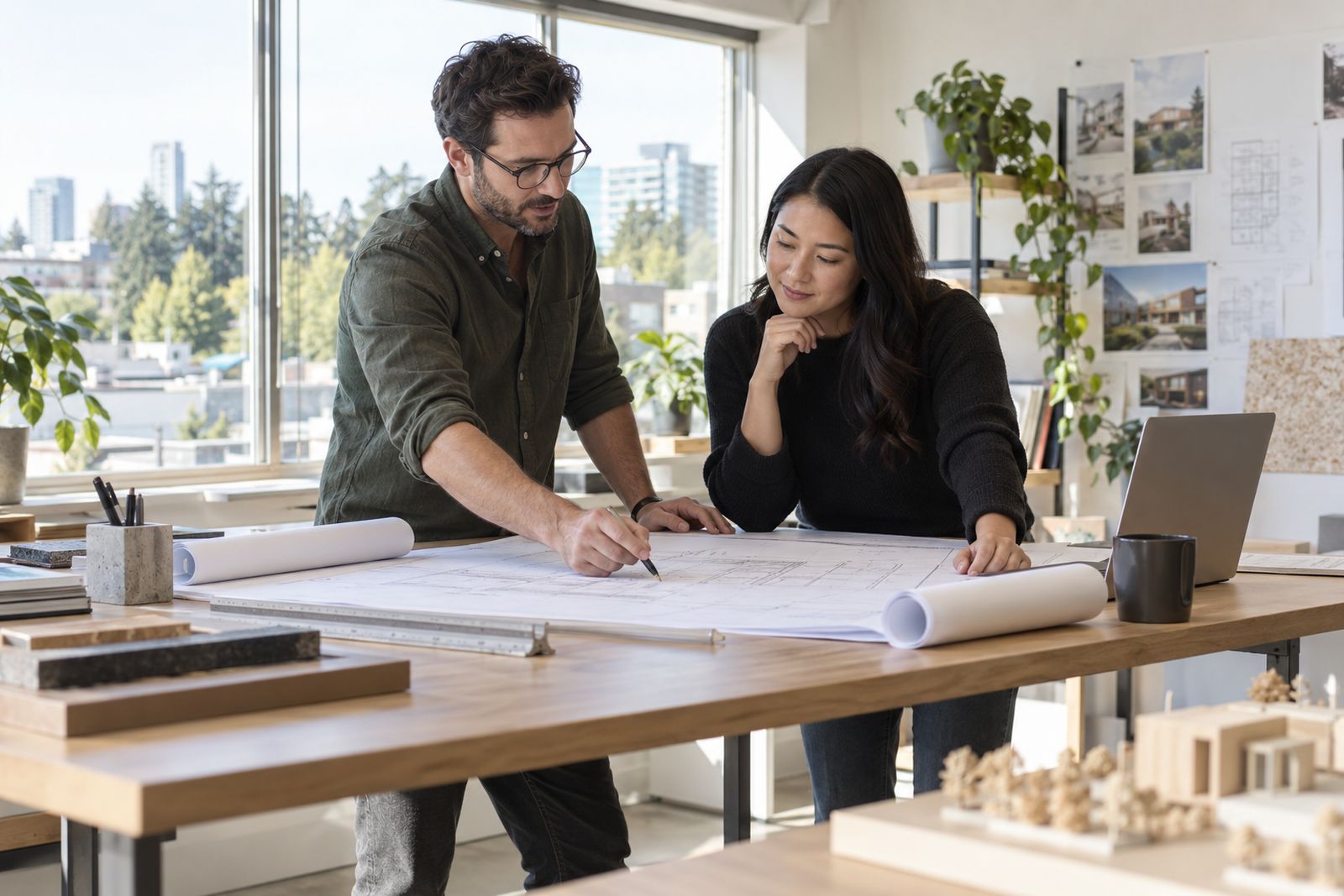 Architect reviewing drawings with a colleague