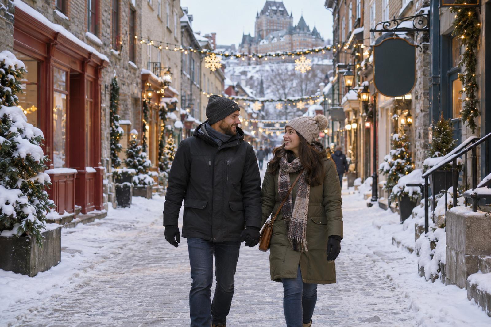 Couple walking in Old Québec in winter