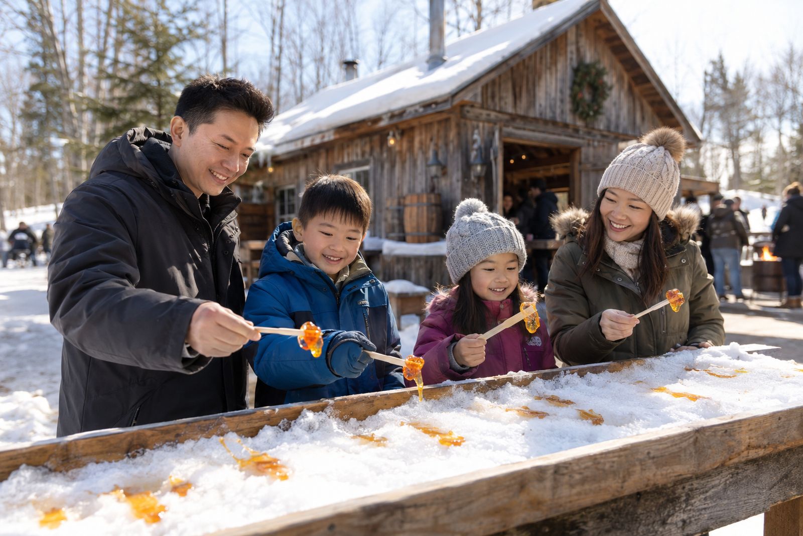 Family enjoying maple taffy at a Quebec sugar shack