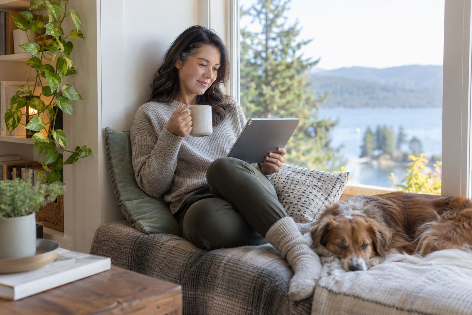 Woman reading an insurance guide on a tablet at home